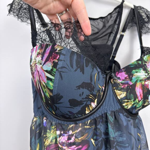 Cacique Size 44DD Babydoll Lingerie Dark Floral Matching Thong Panty Molded Cup - Picture 2 of 10